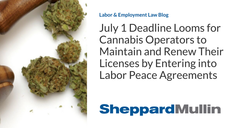  July 1 Deadline Looms for Cannabis Operators to Maintain and Renew Their Licenses by Entering into Labor Peace Agreements